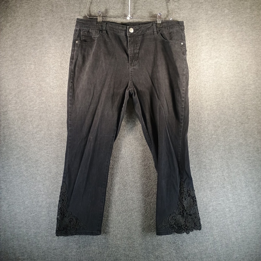 Long Tall‎ Sally Jeans Women 14 Black Capri Floral Lace Accents Mid Rise Denim